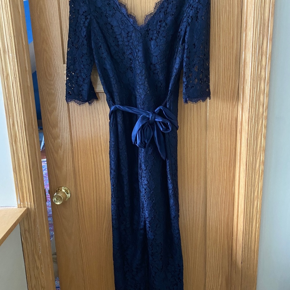 Elevenses Jumpsuit Blue Lace Anthropologie Short Sleeve Size 10 Ribbon tie waist